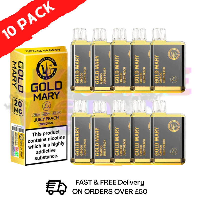 Juicy Peach - Gold Mary 600Puff Box of 10 enjoy a relaxing flavor experience with perky peaches - UK Vape World
