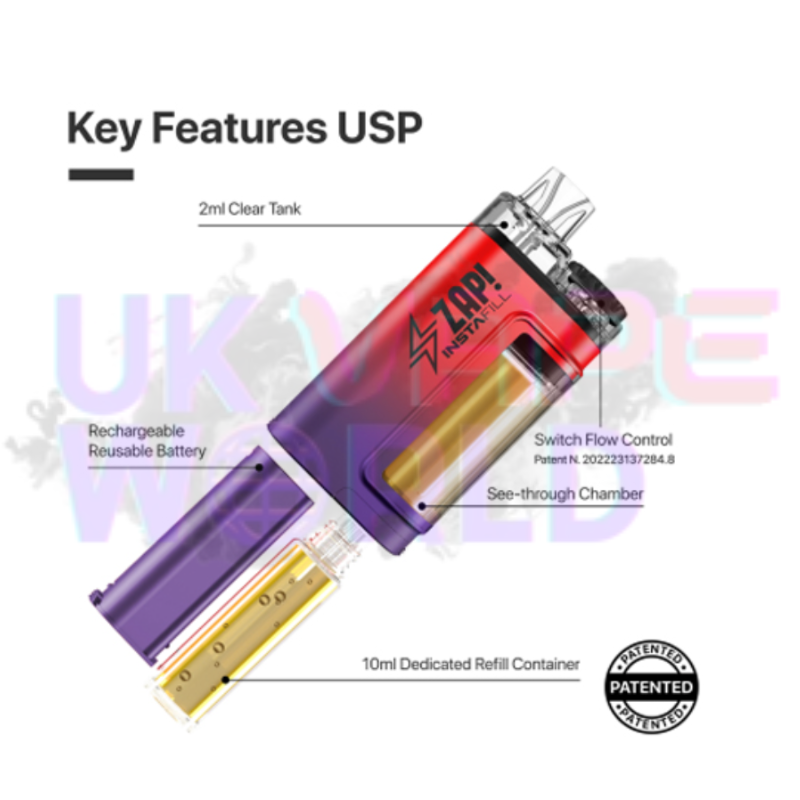 Key Features Of Zap Instafill Bar 3500 Puff Peach ICE - UK Vape World 