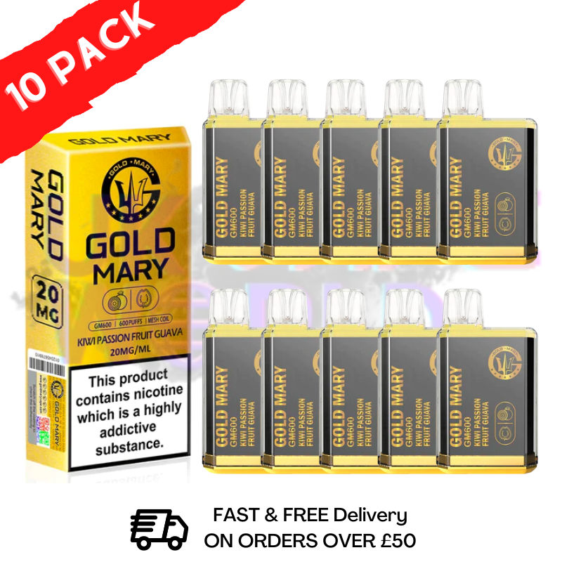 Kiwi Passionfruit Guava - Gold Mary 600Puff Box of 10 A tantalizing combination of fresh kiwis, and tropical guava for a vibrant flavor! - UK Vape World