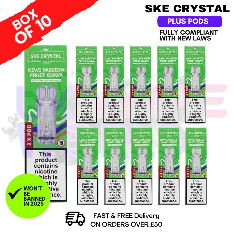 Shop Kiwi Passion Fruit Guava SKE Crystal Plus Prefilled Pod Box Of 10 - UK Vape World