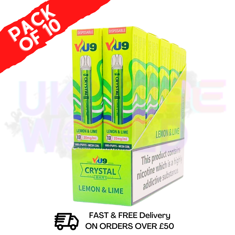 Lemon Lime Crystal Bar Puffs 600 VU9 Box Of 10 - UK Vape World