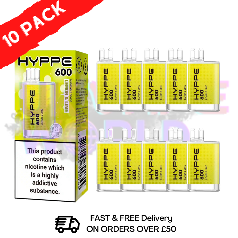 HYPPE BAR Puffs 600 SKE Pack Of 10 Disposable Bars  Lemon and lime: tart lemon, sweet lime, hints of vanilla and a zesty citrus finish. - UK Vape World