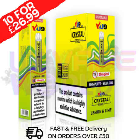 Lemon Lime Crystal Bar Puffs 600 VU9 Box Of 10 - UK Vape World