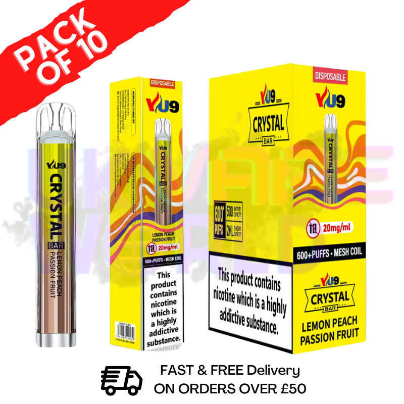 Lemon Peach Passionfruit Crystal Bar Puffs 600 VU9 Box Of 10 - UK Vape World