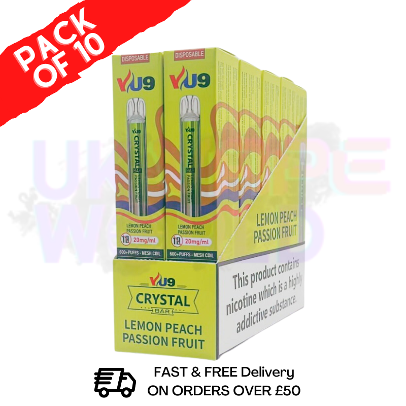 Lemon Peach Passionfruit Crystal Bar Puffs 600 VU9 Box Of 10 - UK Vape World