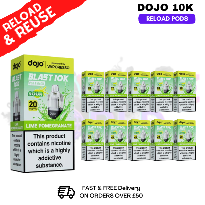 Lime Pomegranate Dojo Blast 10K Replacement Pods Box Of 10 - ukvapeworld