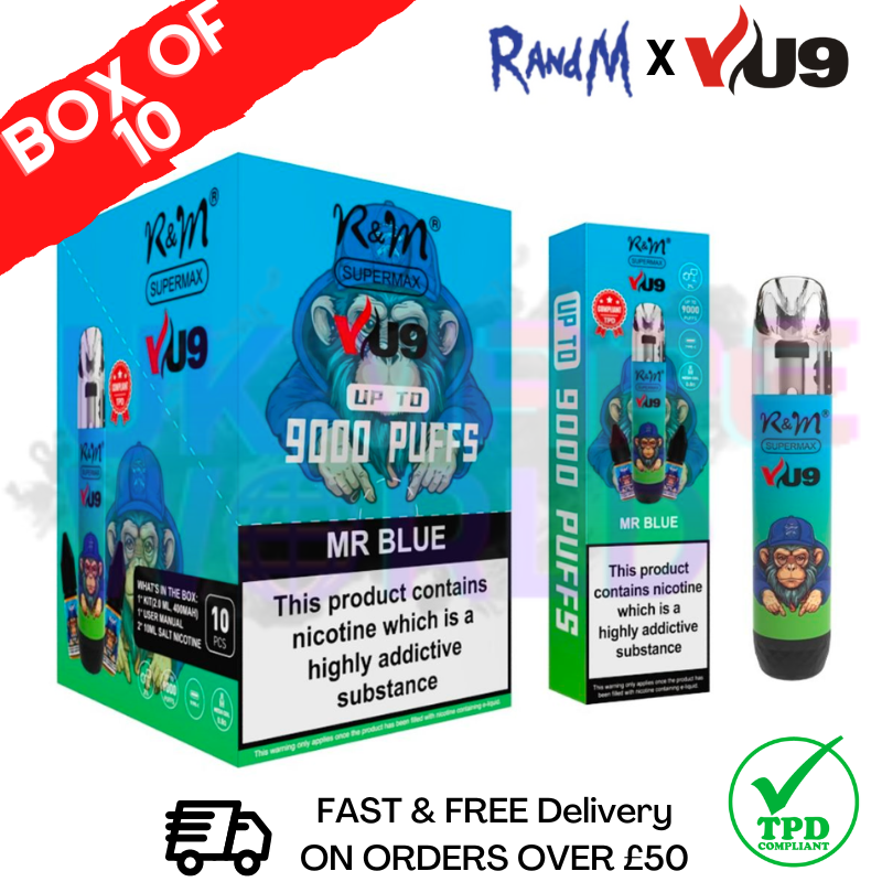 Shop MR BLUE (NEW) 9K SuperMAX 9000 Puff Bar R and M Pack Of 10 - UK Vape World