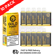 Mango Lychee - Gold Mary 600Puff Box of 10 offers an exceptional blend of sweet, lush, ripe mangoes and tart, unique lychee - UK Vape World