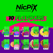 Promotional graphic for NicPix nicotine-infused toothpicks with various flavors displayed on a green and purple background