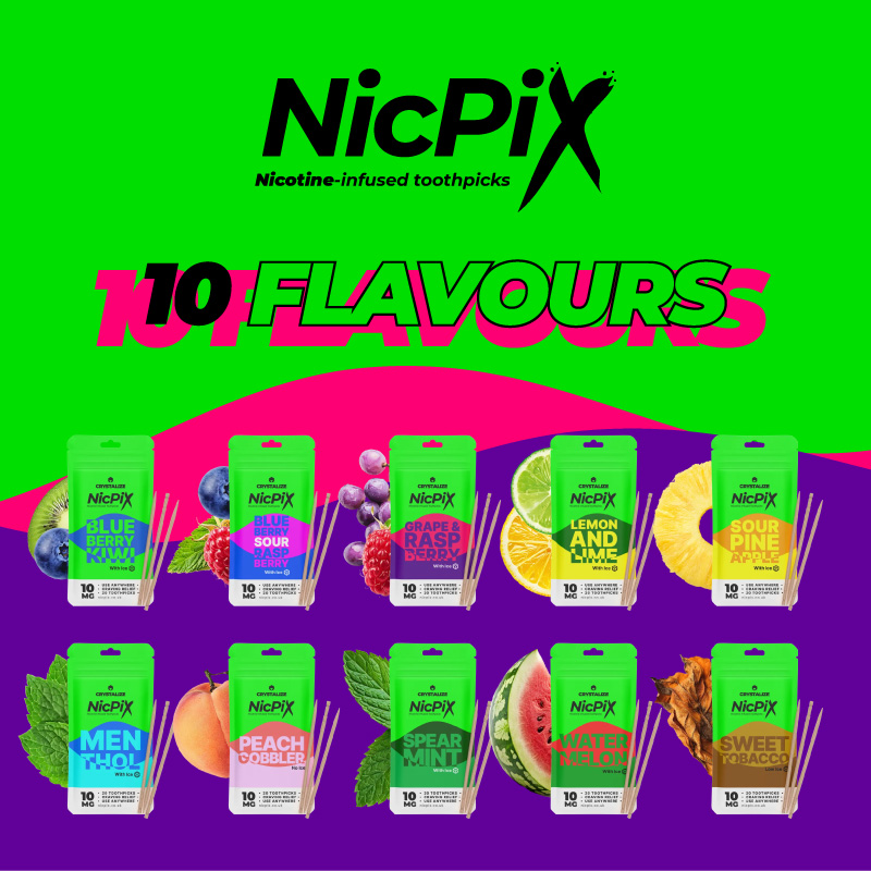 Promotional graphic for NicPix nicotine-infused toothpicks with various flavors displayed on a green and purple background