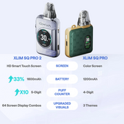 Comparisons Oxva Xlim SQ Pro & Pro 2 with specifications on a light blue background