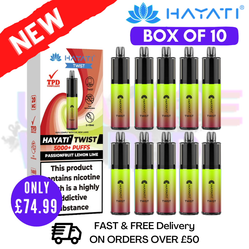 Shop Passionfruit Lemon Lime Hayati Twist 5000 Puff 5K Box Of 10 - UK Vape World