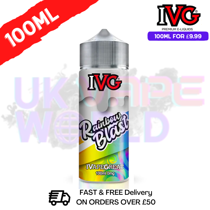 Rainbow Blast IVG Shortfill Juice 100ML Eliquid Refreshing and revitalizing, this skittles-flavoured eliquid will give you a flavor-explosion like never before - UK Vape World