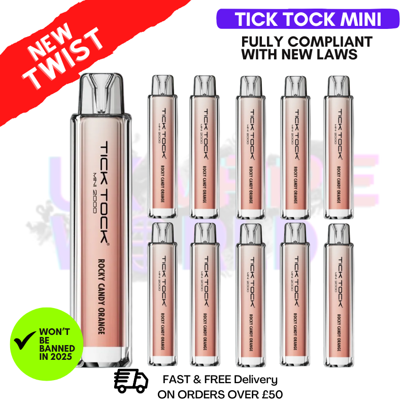 Shop Rocky Candy Orange Tick Tock Mini 2000 Box Of 10 - UK Vape World