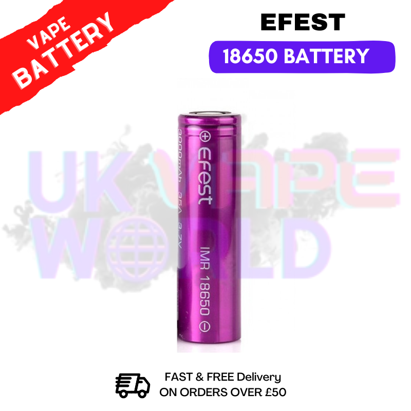 Purple Efest 18650 battery with brand name and vape-related text on a white background