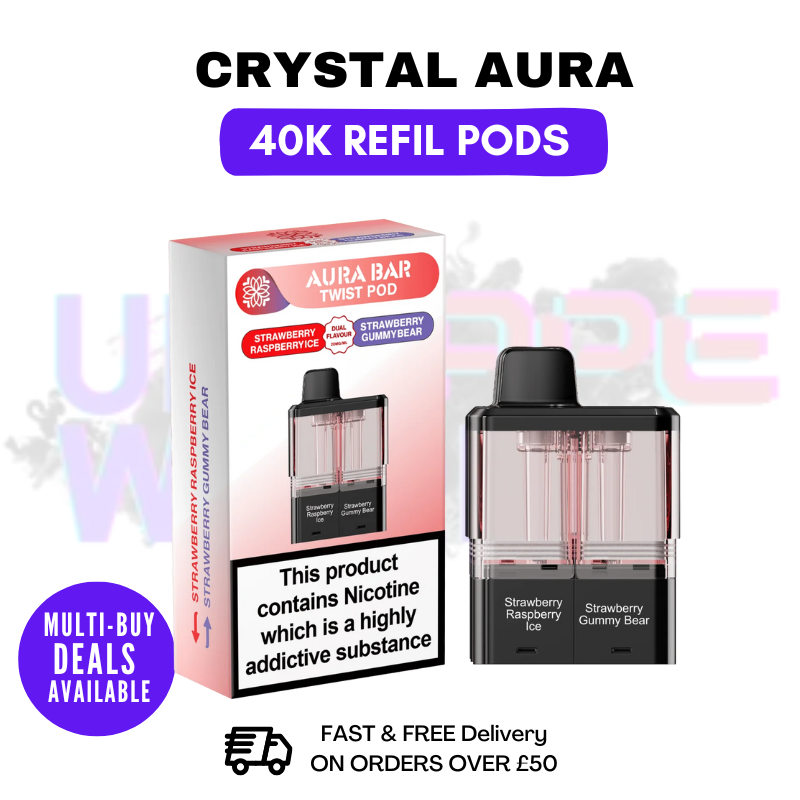 Strawberry Raspberry ICE & Straw Gummy Bear - Crystal AURA 40K Replacement Pods Refils - UK Vape World