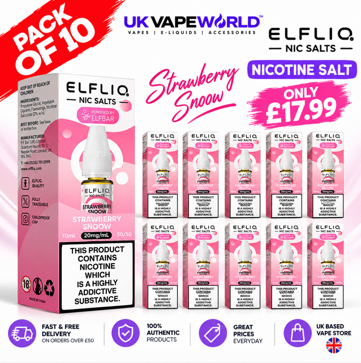 Shop Strawberry Snoow ElfLiq Nic Salt BOX OF 10 - ONLY £17.99 - UK Vape World