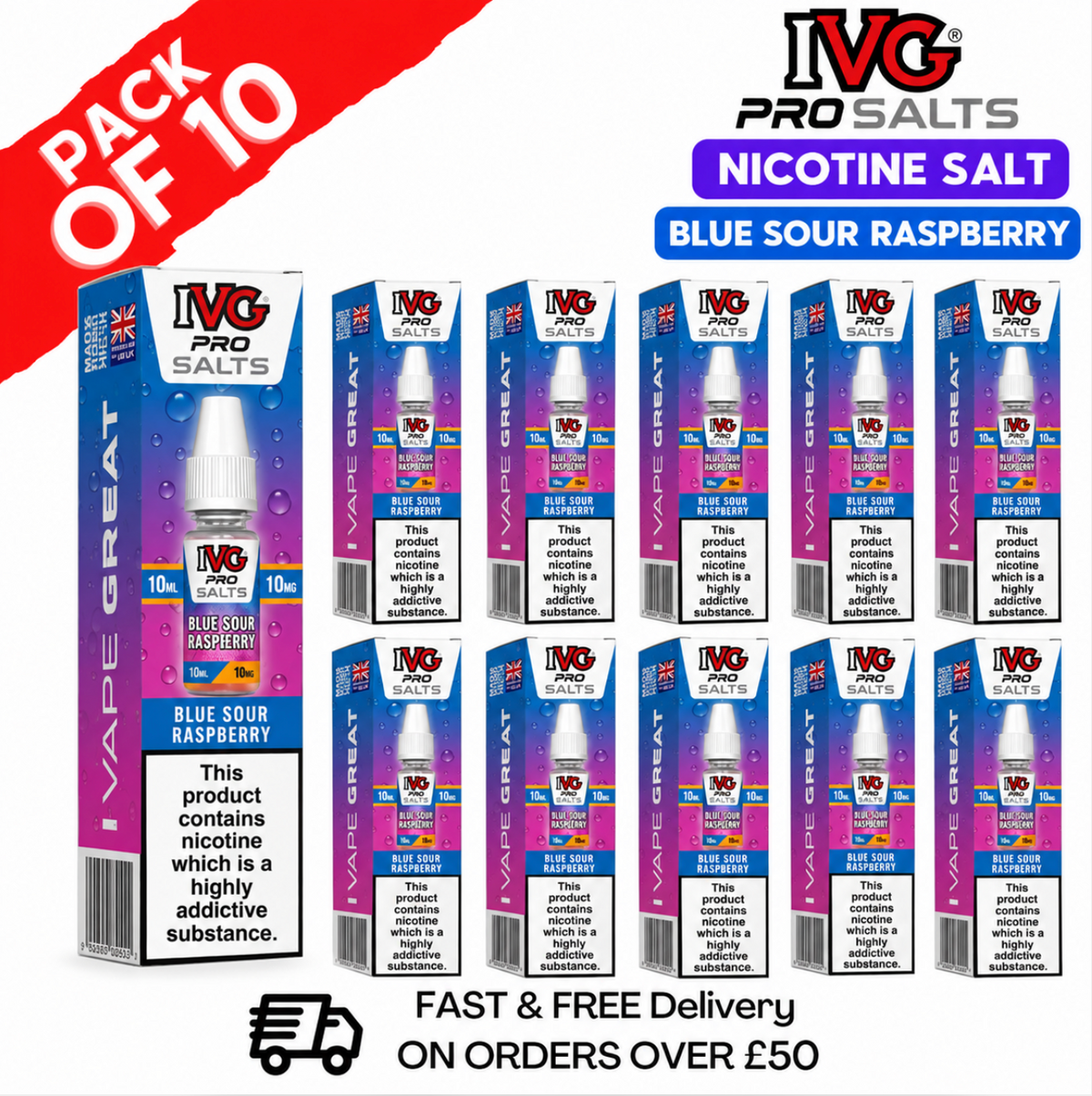 Shop Blue Sour Raspberry IVG Pro Nic Salt Box Of 10 - UK Vape World