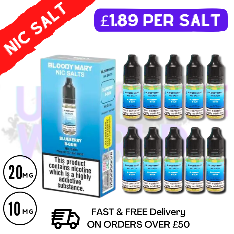 Blueberry Bubblegum Bloody Mary Nic Salt E-Liquids Pack Of 10 Deal - UK Vape World