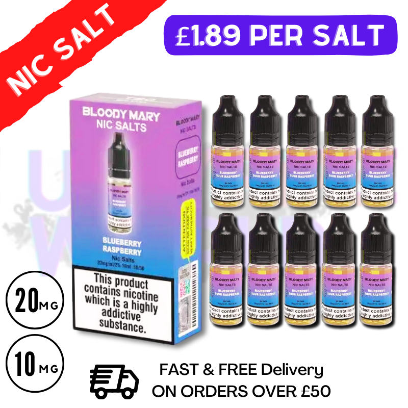 Blueberry Raspberry - Bloody Mary Nic Salt E-Liquids Pack Of 10 Deal - UK Vape World