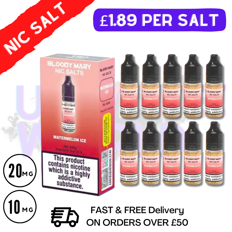 Watermelon ICE - Bloody Mary Nic Salt E-Liquids Pack Of 10 Deal - UK Vape World