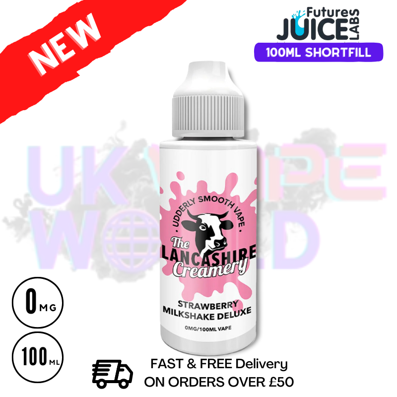 Shop The Lancashire Creamery Strawberry Milkshake Deluxe Eliquid 100ml - UK Vape World