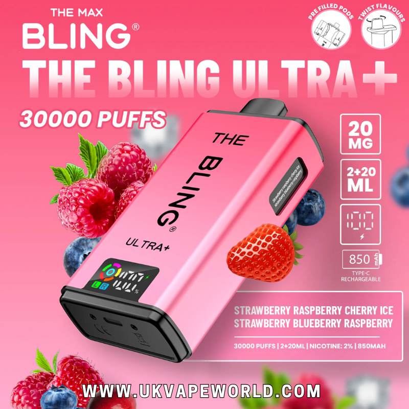 Strawberry Raspberry Cherry Ice Bling 30k Ultra Plus Prefilled Pod Kit Strawberry Raspberry Cherry Ice Bling 30k Ultra Plus Prefilled Pod Kit