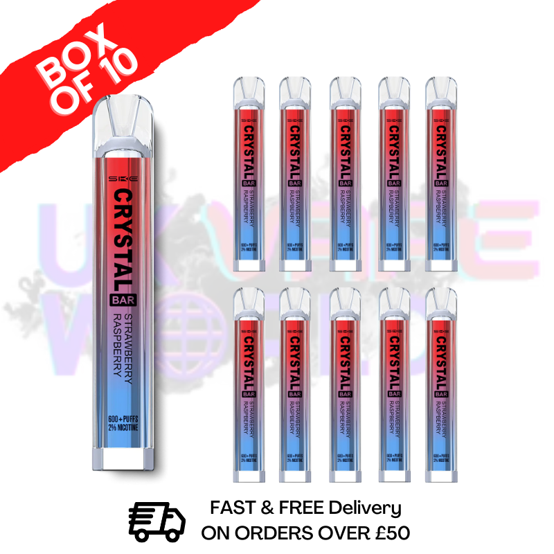 Shop Strawberry Raspberry Crystal Bar Puffs 600 SKE Box Of 10 Disposable Bars - UK Vape World