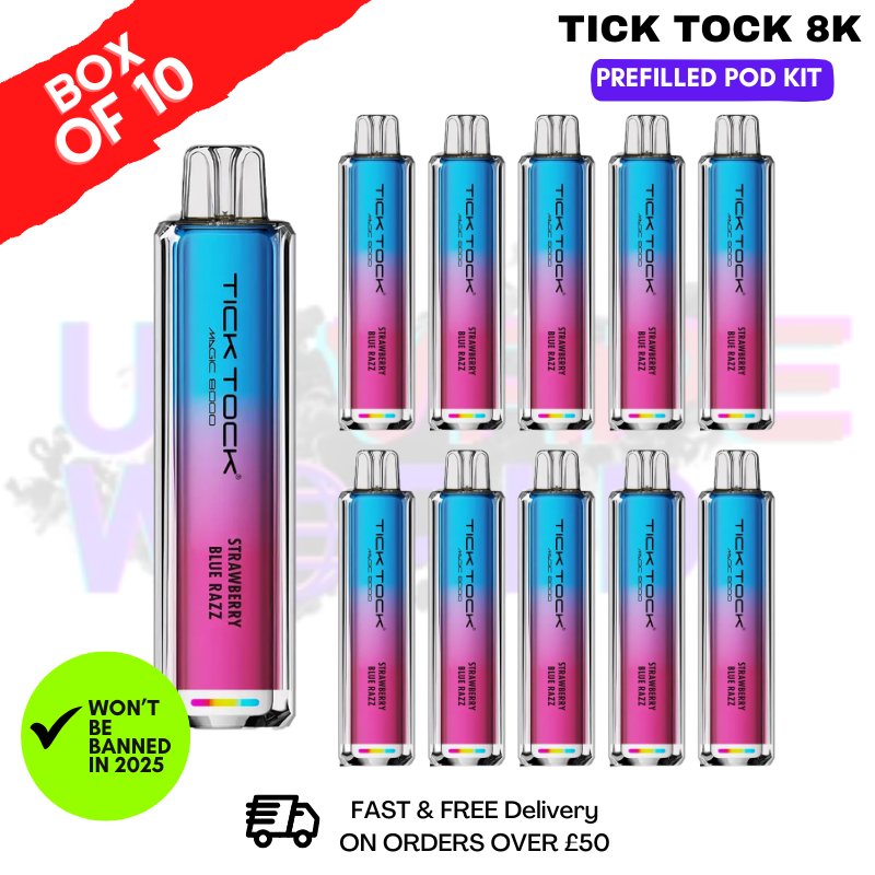 Strawberry Blue Razz Tick Tock Magic 8000 8K Box Of 10