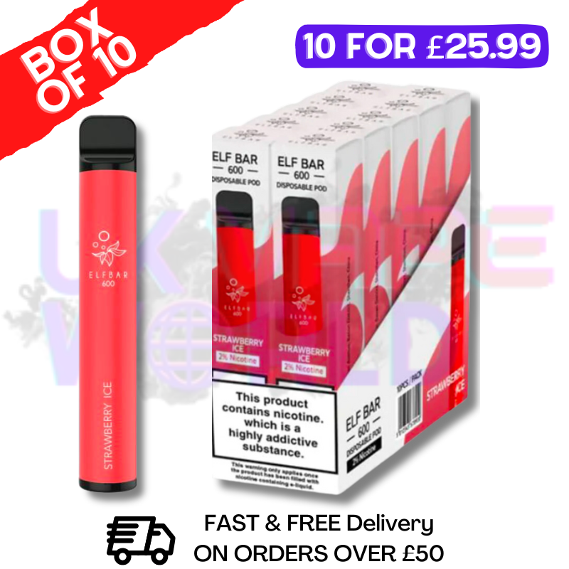 Elf Bar 600puff Strawberry Ice Flavour Box of 10 Disposable Vapes UK - Bulk Order - UK Vape World