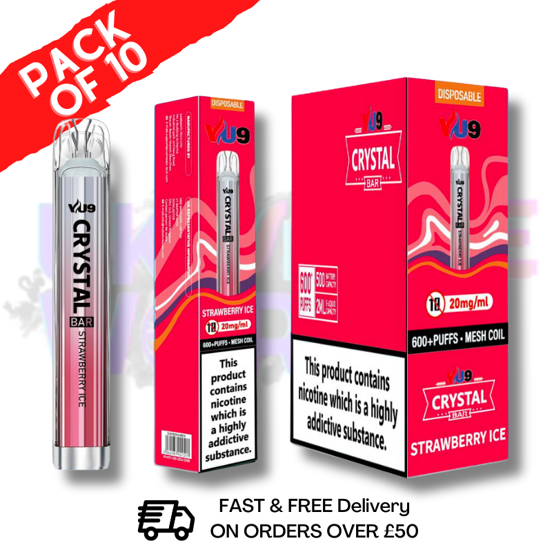 Strawberry ICE - Crystal Bar Puffs 600 VU9 Box Of 10 - UK Vape World