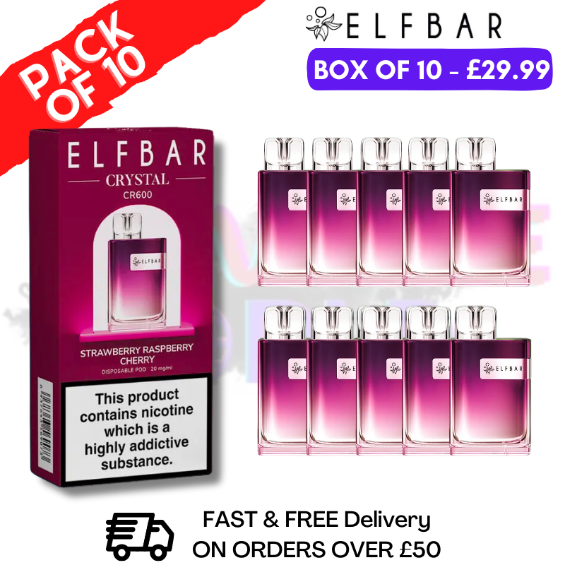 Elf Bar Crystal 600puff - Strawberry Raspberry Cherry Box of 10 - UK Vape World