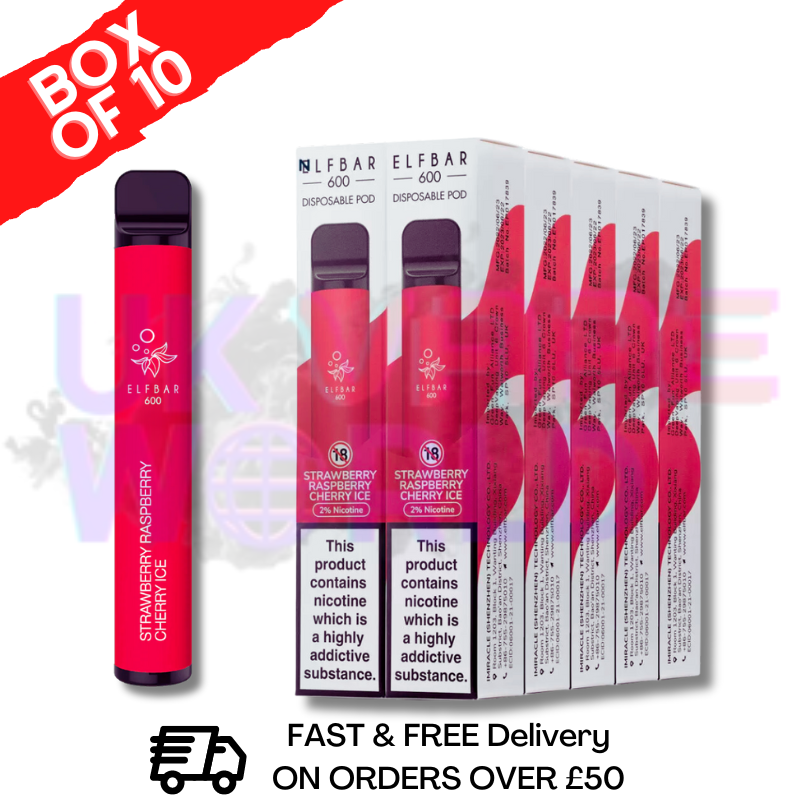 Elf Bar 600puff Strawberry Raspberry Cherry Ice Flavour Box of 10 Disposable Vapes UK - Bulk Order - UK Vape World