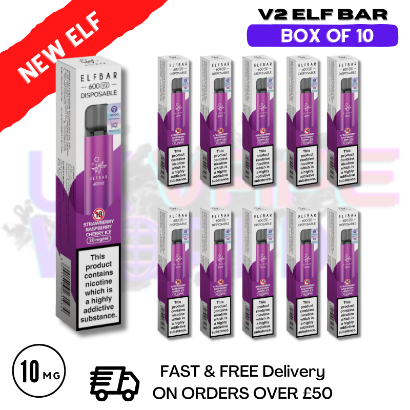 Elf Bar NEW V2 600puff - Strawberry Raspberry Cherry ICE Box of 10