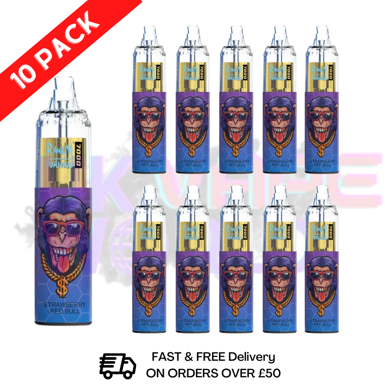 Strawberry Red Bull (NEW) - Tornado 7000 Puff Bar R and M Pack Of 10 Vape Pen - UK Vape World