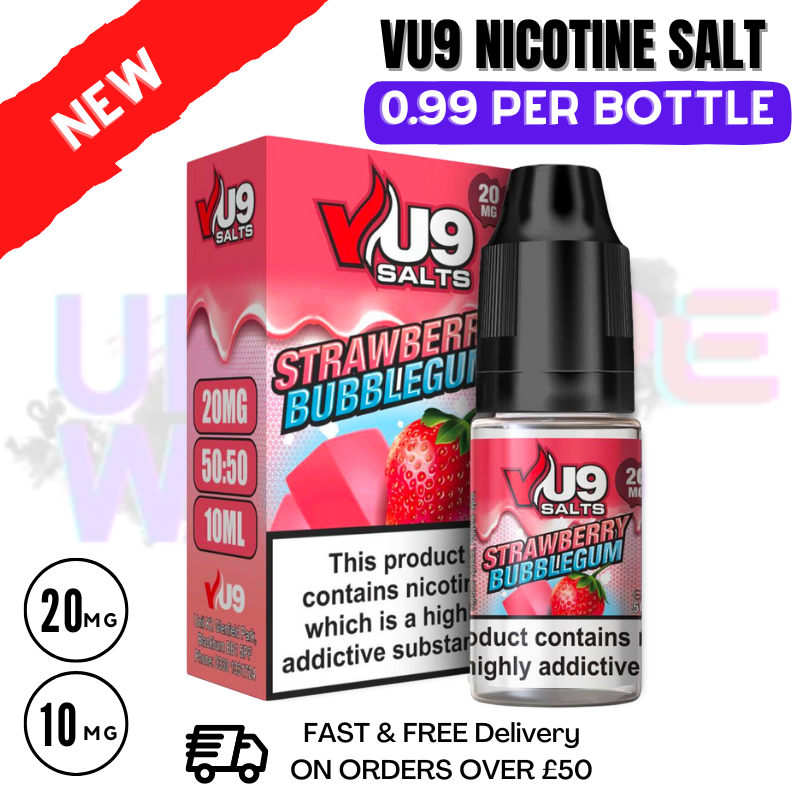 Shop Strawberry Bubblegum Nic Salt 10ml Nicotine E Juice by VU9 - 99p Eliquid - UK Vape World