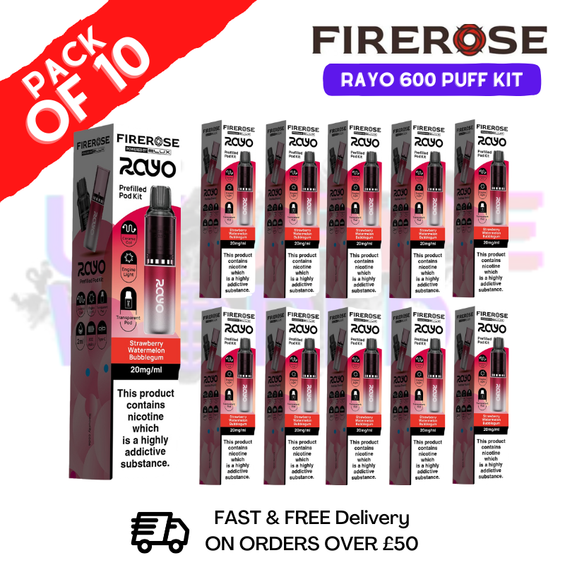 Strawberry watermelon bubblegum Firerose 600 Puff Vape Kits Box of 10 - ukvapeworld
