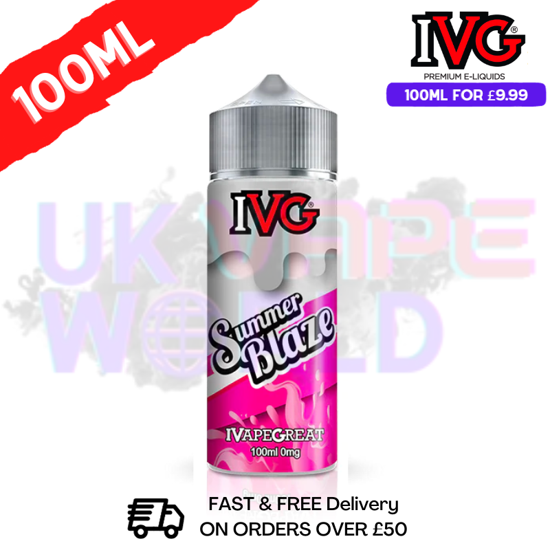 Summer Blaze IVG Shortfill Juice 100ML Eliquid sweet notes of peach and a hint of raspberry, this eliquid will leave you feeling refreshed and revitalized - UK Vape World