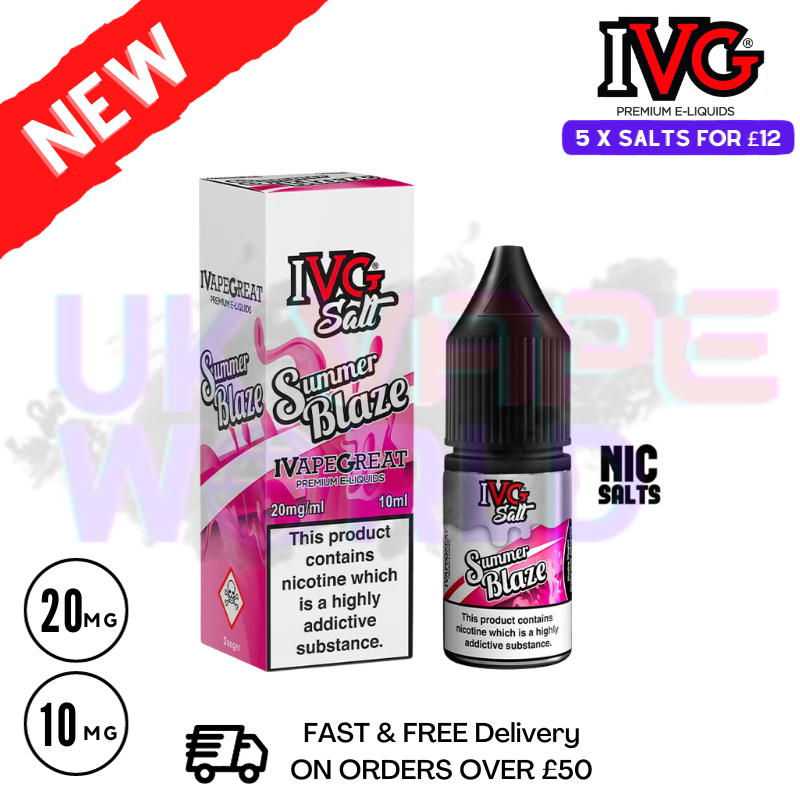 Summer Blaze IVG NicSalt 10ML E-liquid  Uncover the medley of summer berries enveloped with the Italian-inspired coolness of a lemonade blend, courtesy of this nicotine blend - UK Vape World