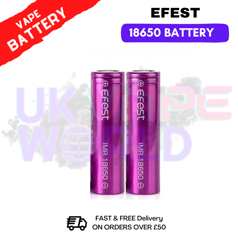 Two purple Efest vape batteries on a white background with promotional text.