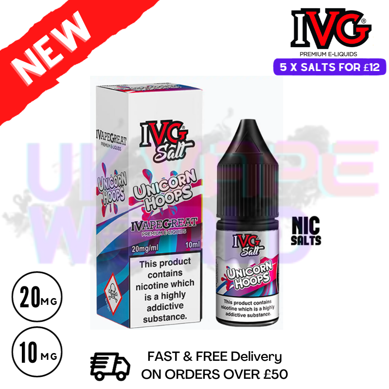 Unicorn Hoops IVG NicSalt 10ML E-liquid  Satisfy your cravings with a delicate blend of marshmallow, complemented by a fulfilling cereal flavor, accompanied by a hint of milk for a delectable morning concoction - UK Vape World