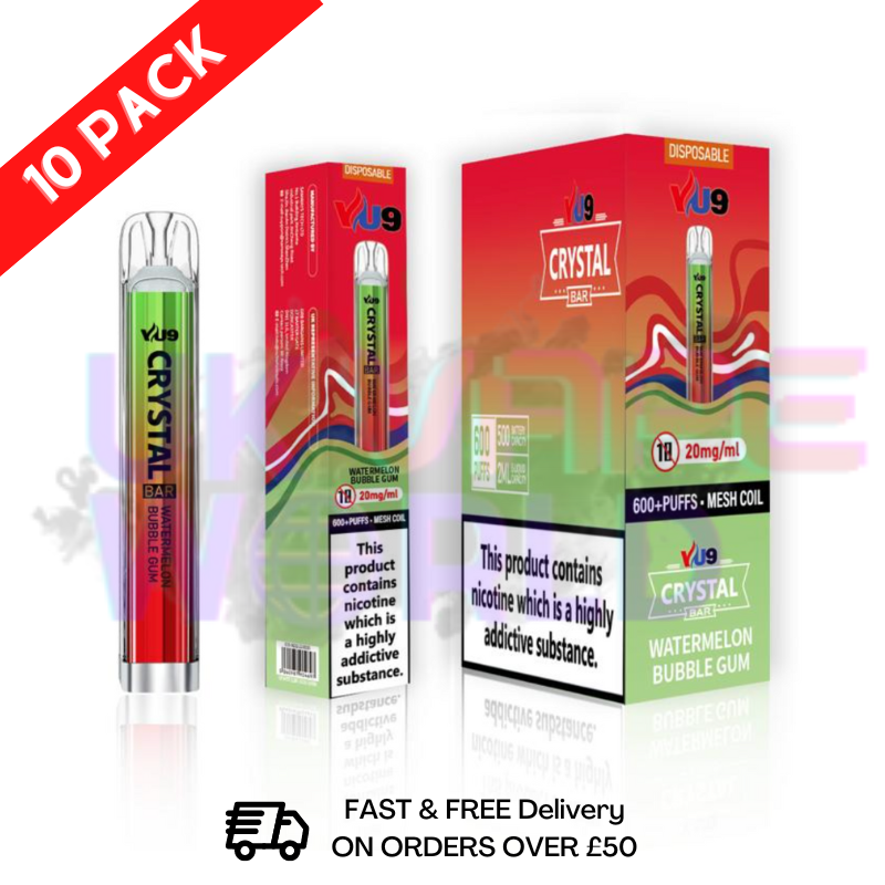 Box Of 10 - Watermelon Bubblegum Crystal VU9 600 Puffs - UK Vape World