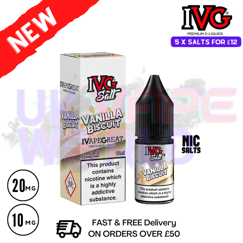 Vanilla Biscuit IVG NicSalt 10ML E-liquid  Satisfy your cravings with a delicate blend of your fav vanilla, complemented by a fulfilling bisuit flavor - UK Vape World