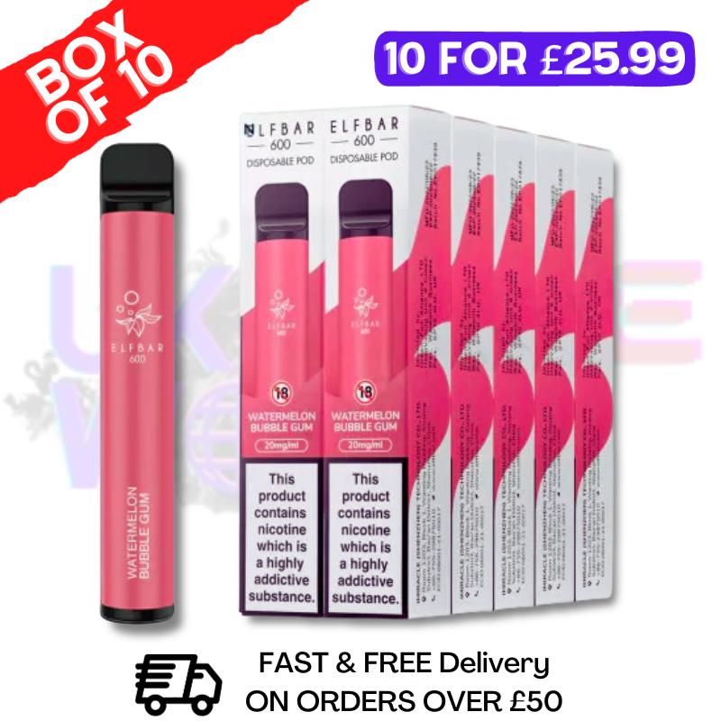 Elf Bar 600puff Watermelon Bubblegum Flavour Box of 10 Disposable Vapes UK - Bulk Order - UK Vape World