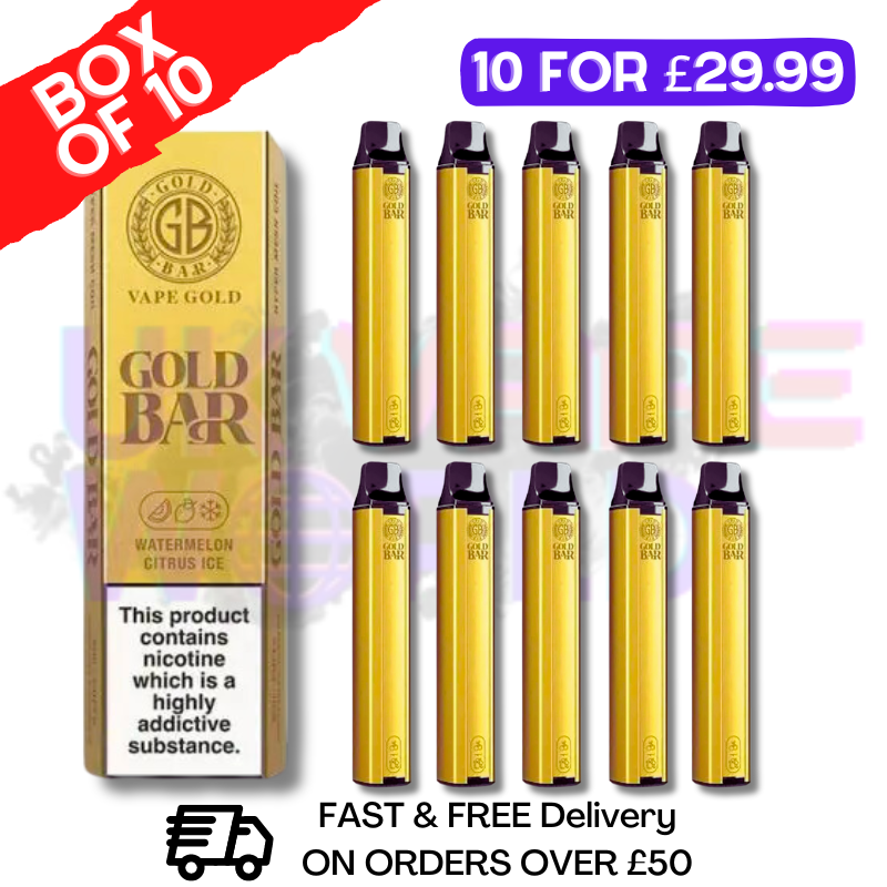 Shop Watermelon Citrus ICE - Gold Bar 600Puff Box of 10 - UK Vape World