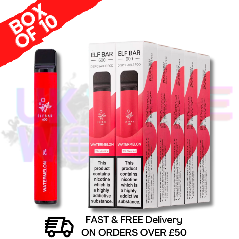 Elf Bar 600puff Watermelon Flavour Box of 10 Disposable Vapes UK - Bulk Order - UK Vape World