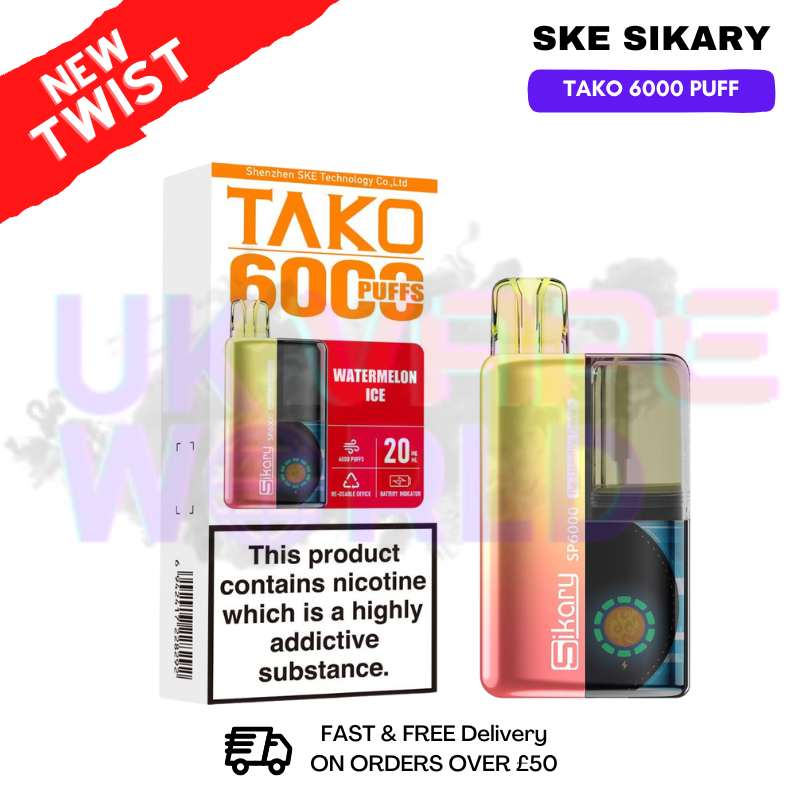 SKE SIKARY WATERMELON ICE Tako 6000 Puffs vape and packaging on a white background with UK Vape World Logo