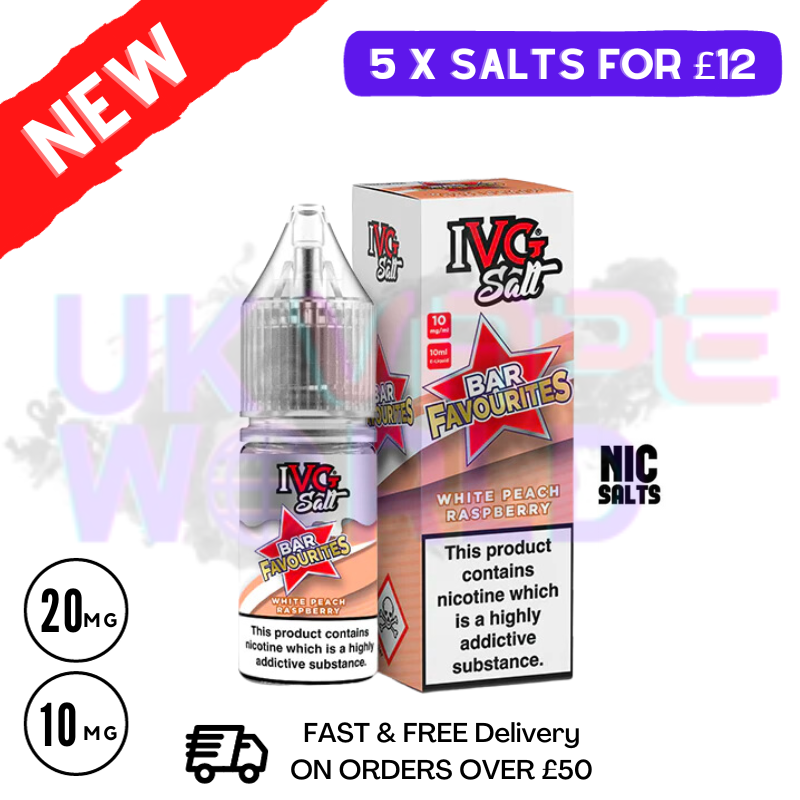 White Peach Raspberry IVG "Bar Favourites" Salt 10ml Nic Eliquid Composed of a delectable blend of fragrant white peach and tart raspberries, this juice provides an abundance of flavour - UK Vape World