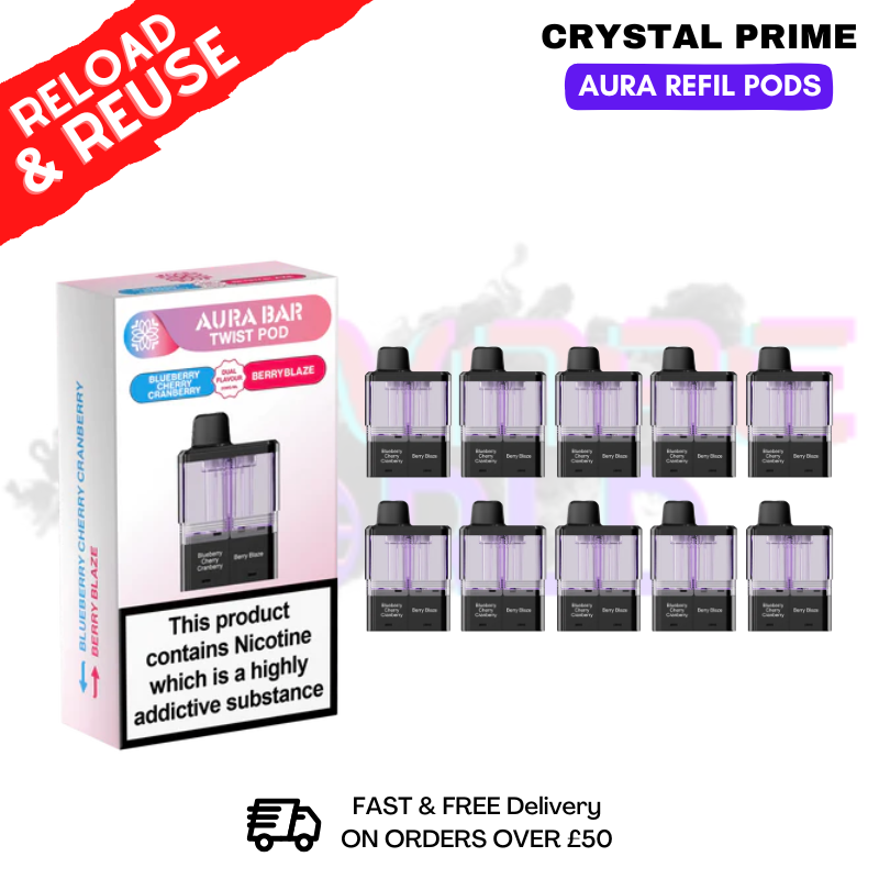 Blueberry Cherry Cranberry Crystal Aura 40K Replacement Pods Box Of 10 - ukvapeworld