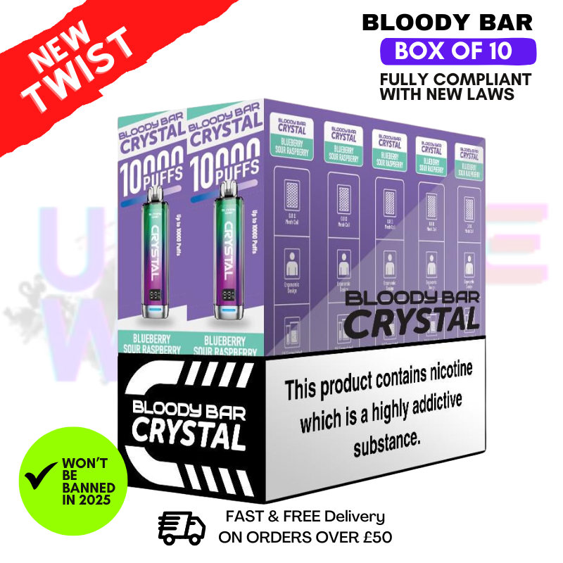 Shop Blue Sour Raspberry Bloody Bar Crystal 10K Puff Box Of 10 - UK Vape World